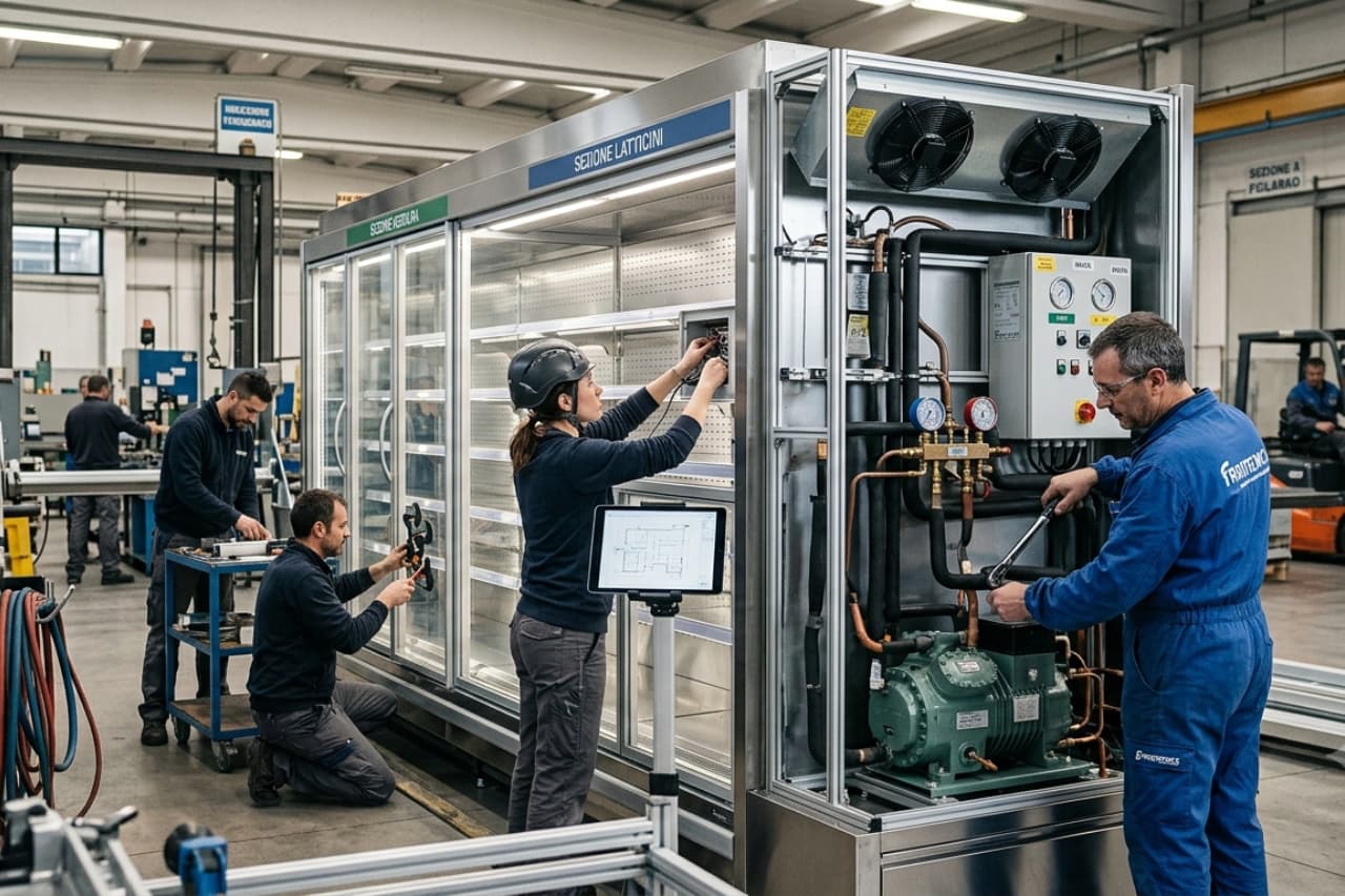 Tecnici assemblano frigorifero industriale in fabbrica