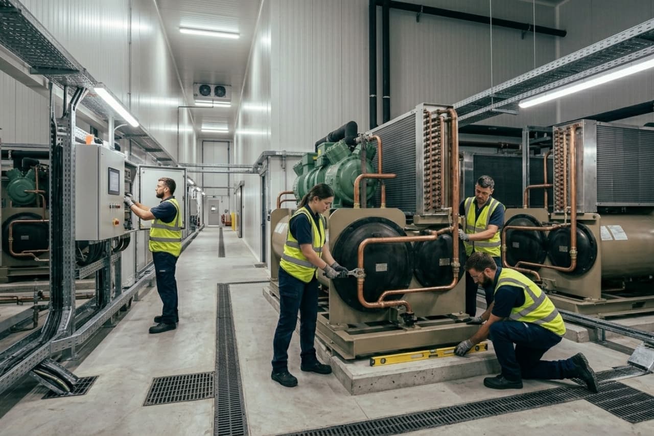 Tecnici al lavoro in impianto frigorifero industriale