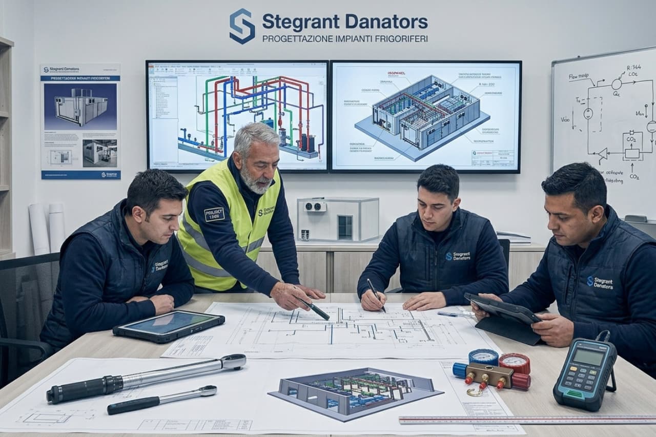 Team di ingegneri analizza progetto impianto frigorifero