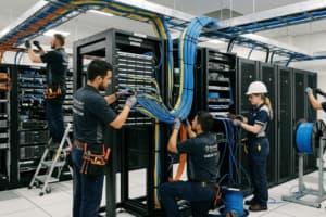 Tecnici installano cavi di rete in data center