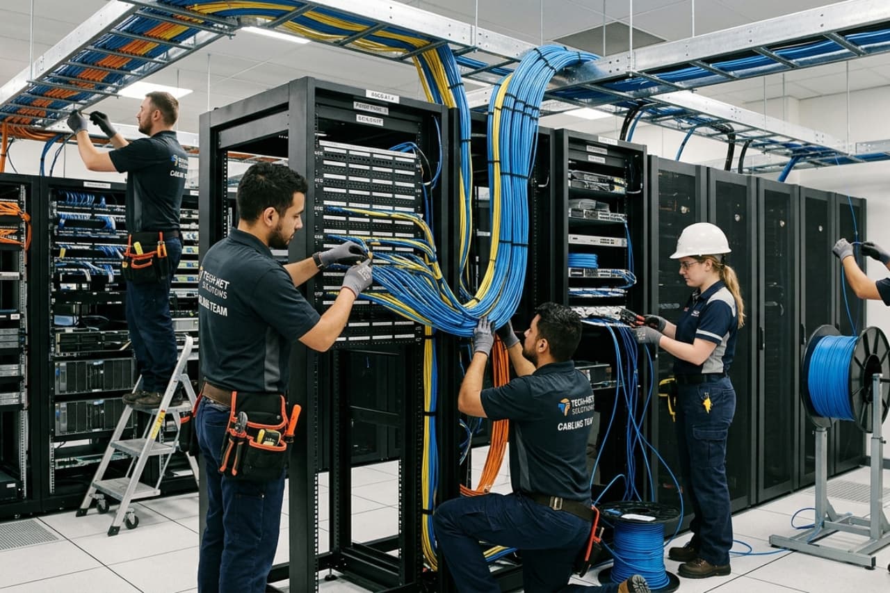 Tecnici installano cavi di rete in data center