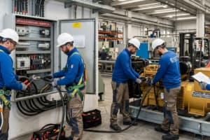 Tecnici al lavoro su generatore industriale