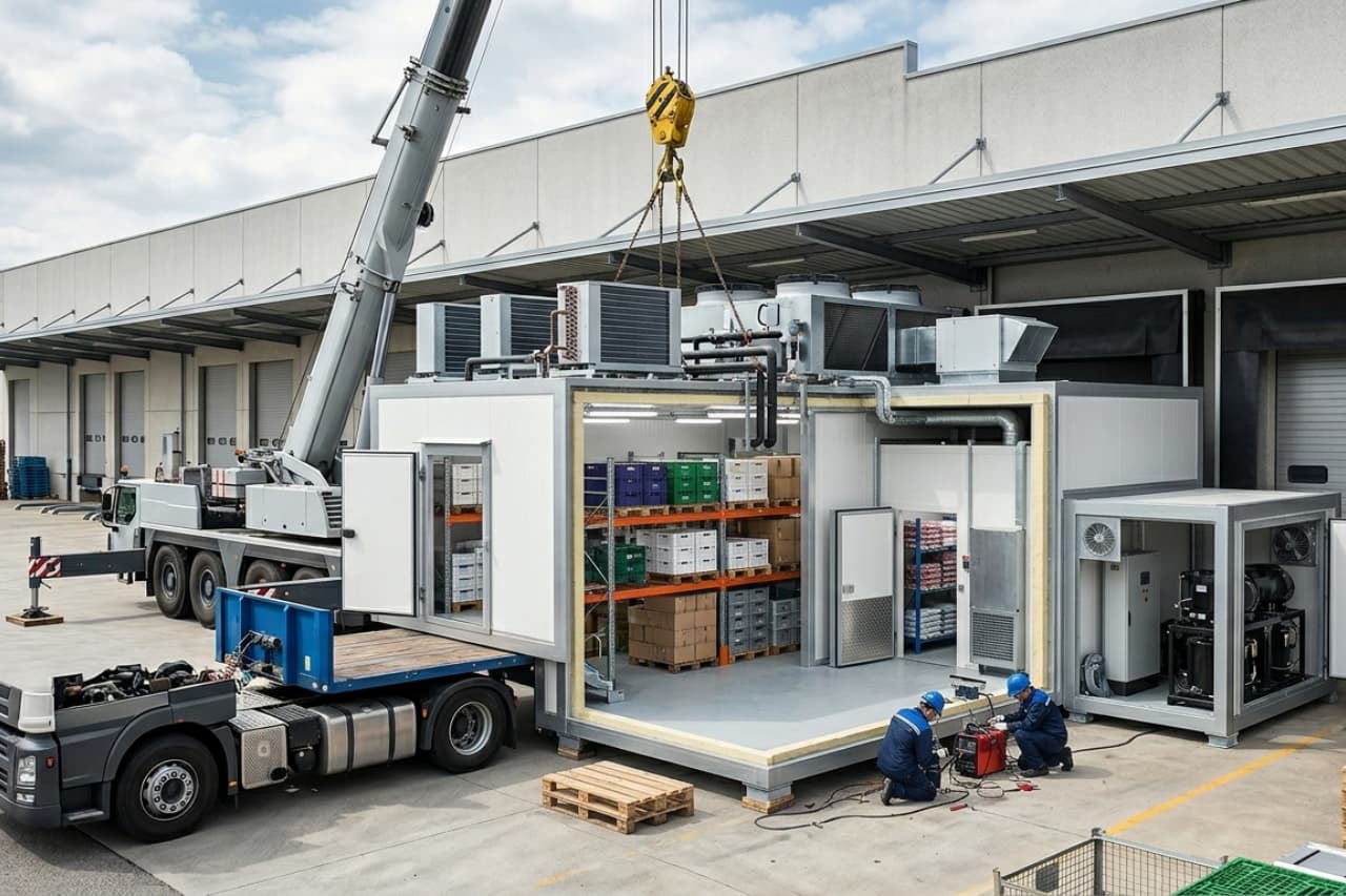 Installazione modulo industriale refrigerato con gru