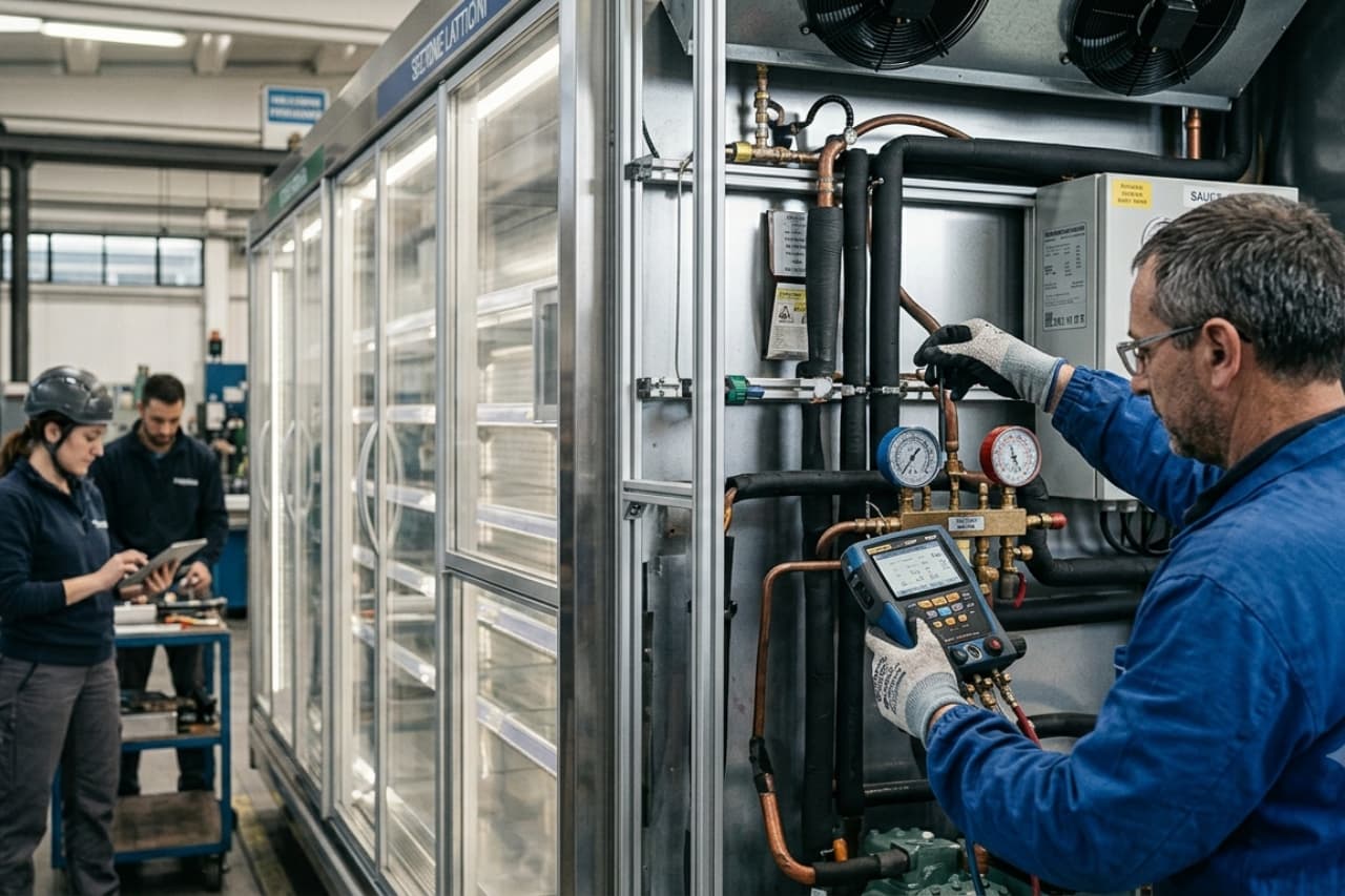 Tecnico controlla impianto frigorifero industriale con manometri