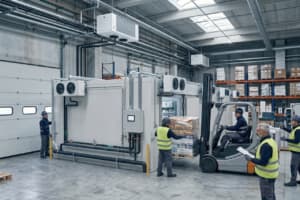 Magazzino refrigerato con carrello elevatore e operai