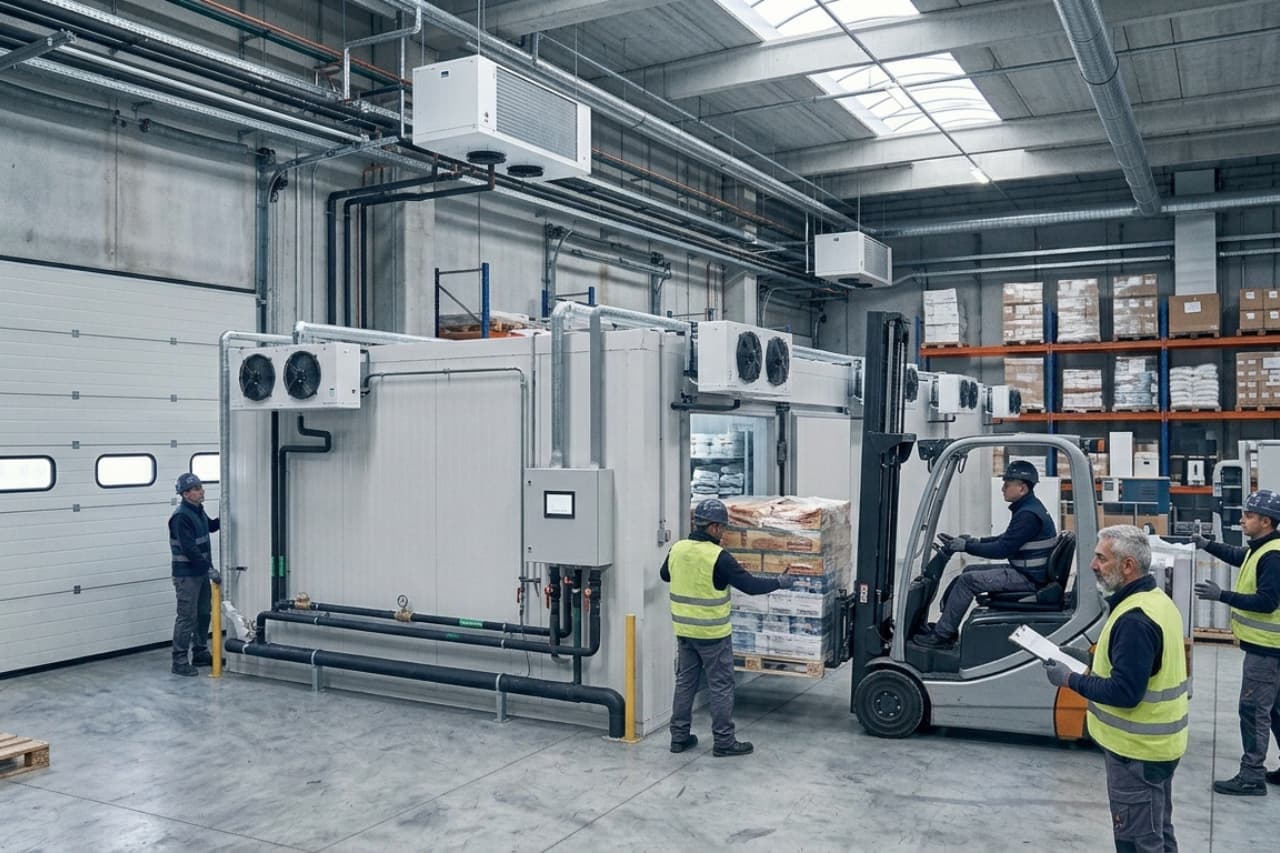 Magazzino refrigerato con carrello elevatore e operai