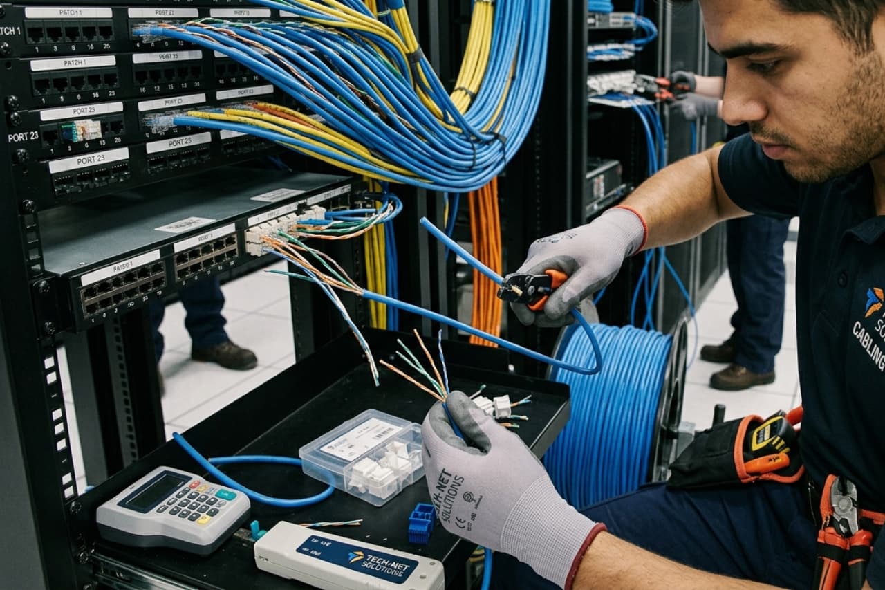 Tecnico installa cavi di rete in server rack