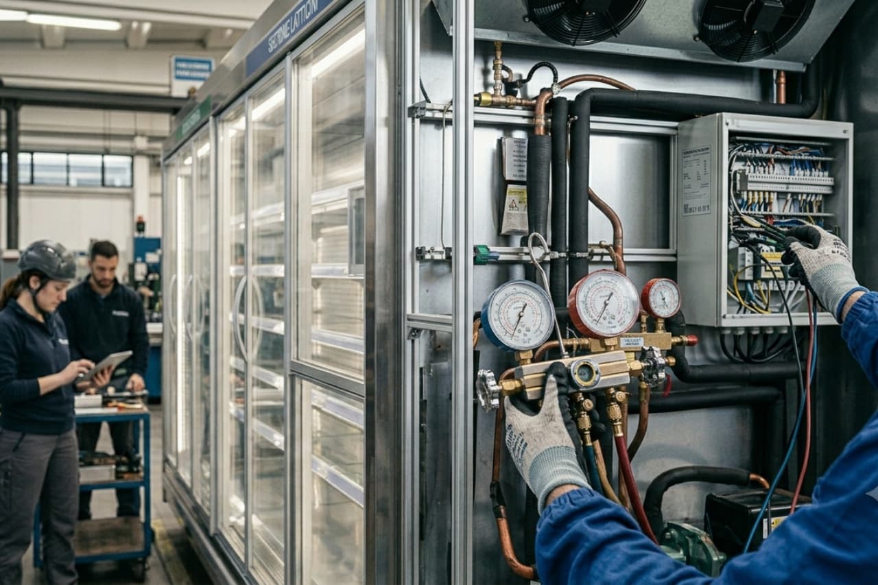 Tecnico controlla manometri impianto refrigerazione industriale