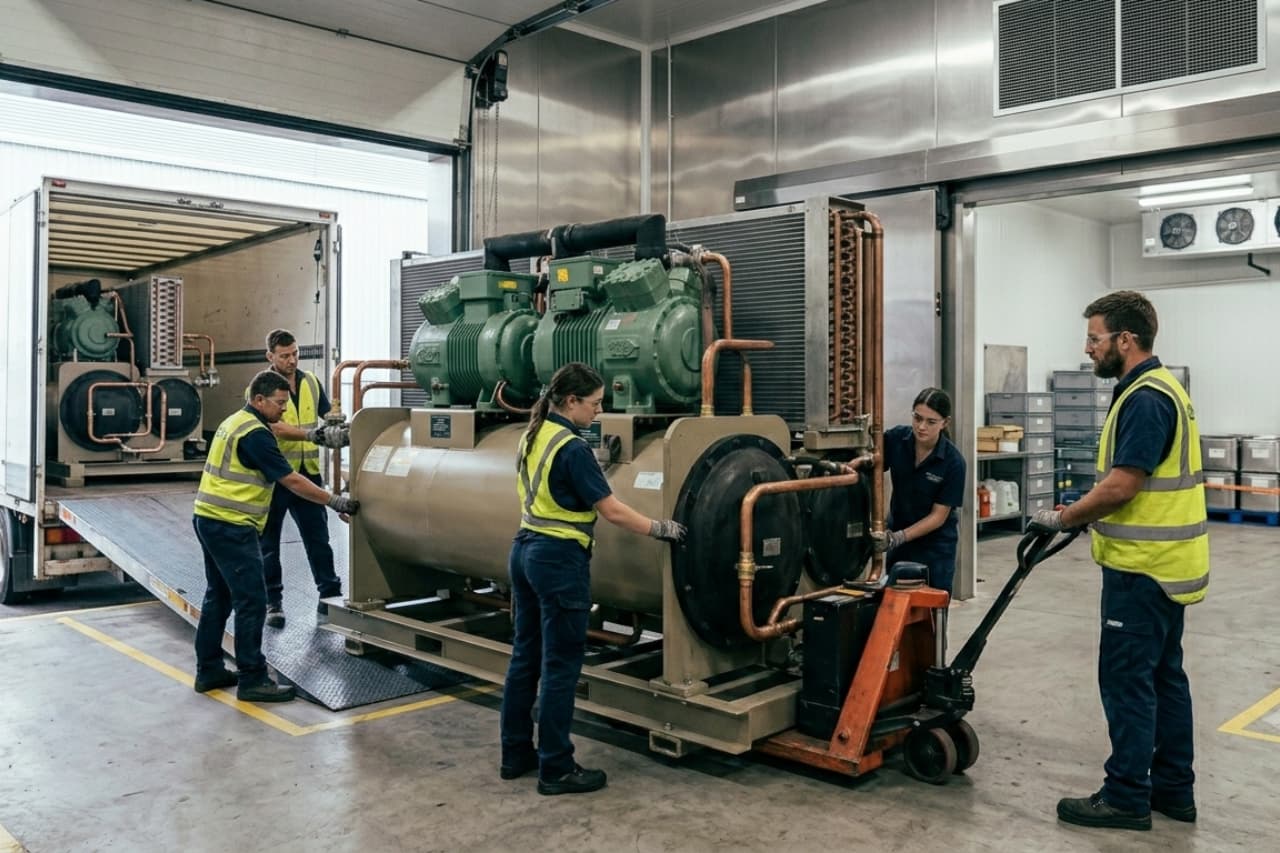 Tecnici spostano grande impianto di refrigerazione industriale