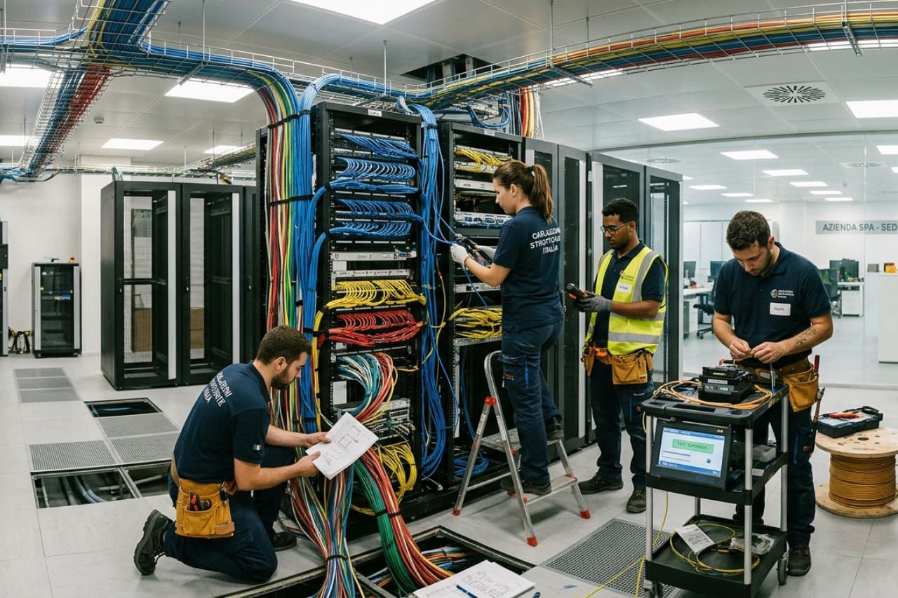 Tecnici lavorano su rack di rete in data center