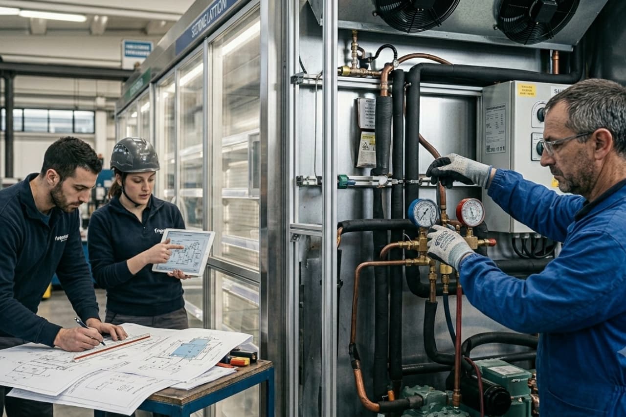 Tecnici lavorano su impianto di refrigerazione industriale