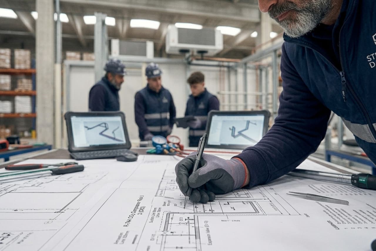 Ingegnere disegna progetto tecnico in officina industriale