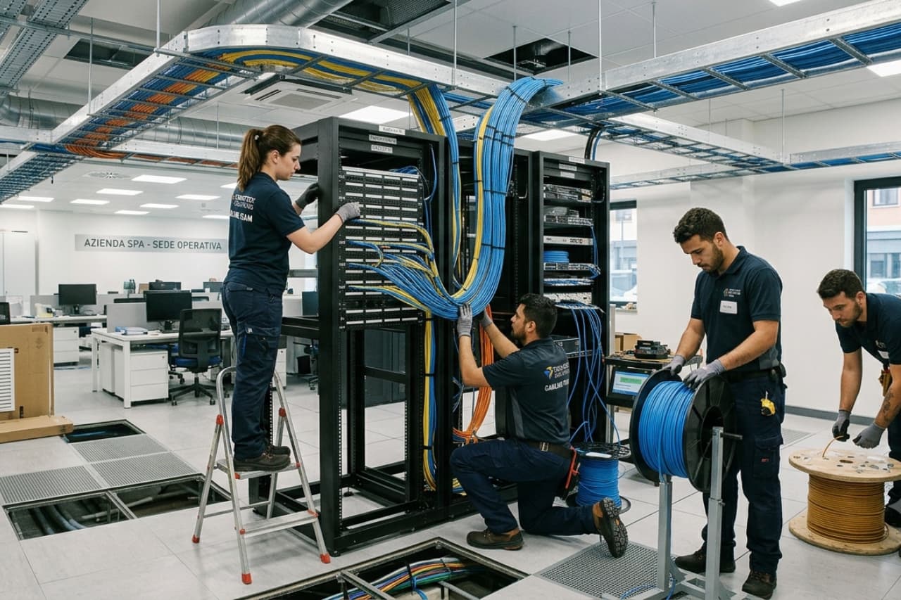 Tecnici installano cavi di rete in sala server