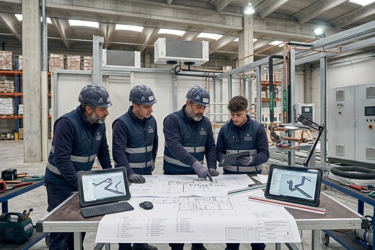 Operai analizzano progetti tecnici in stabilimento industriale