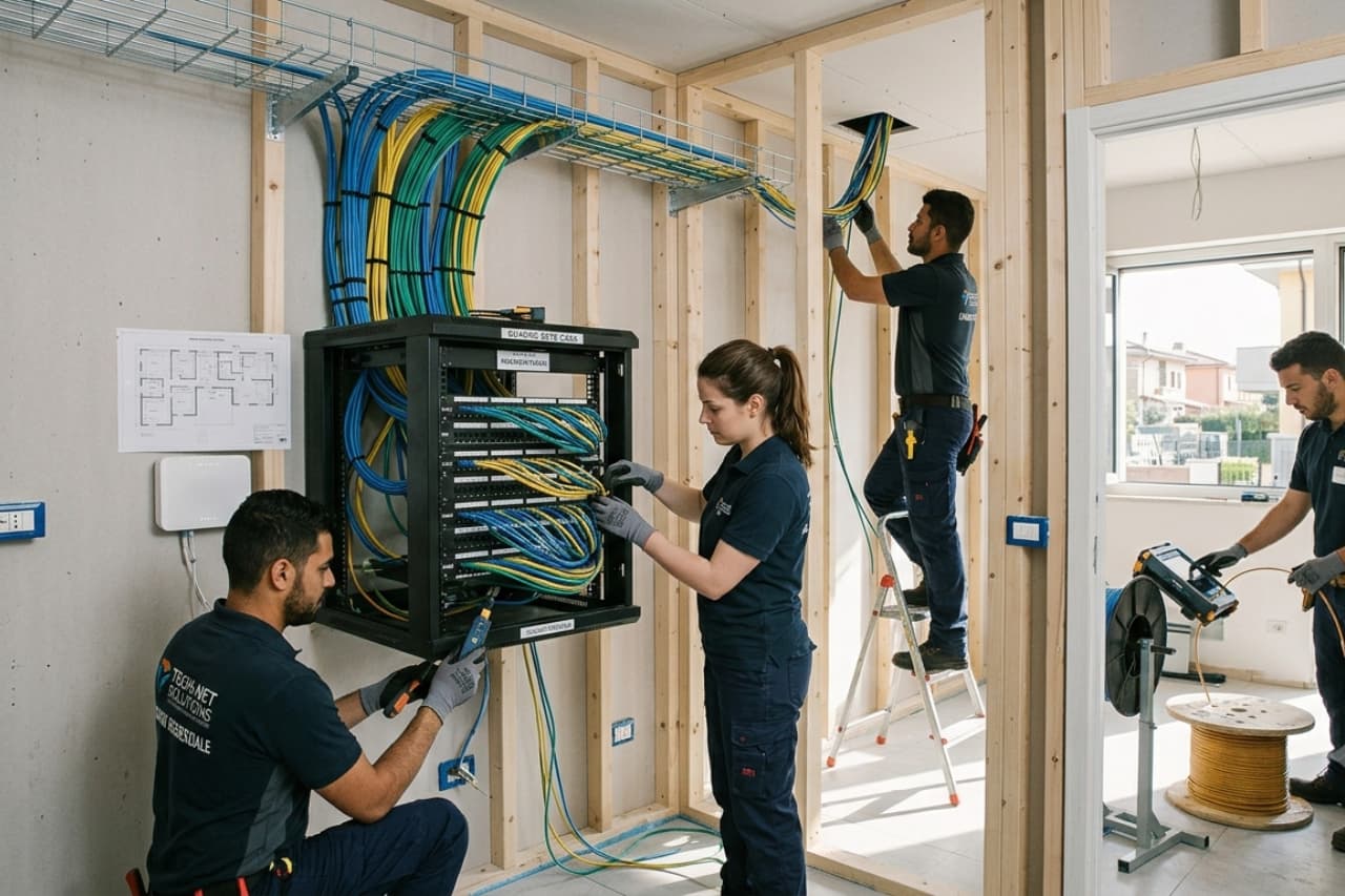Tecnici installano cablaggio di rete in ufficio