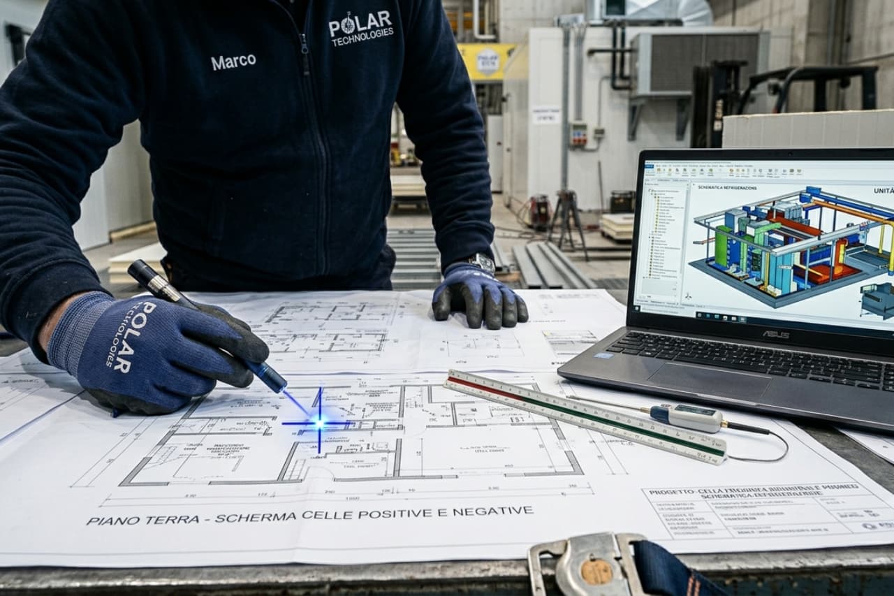 Tecnico analizza planimetria con modello 3D su laptop