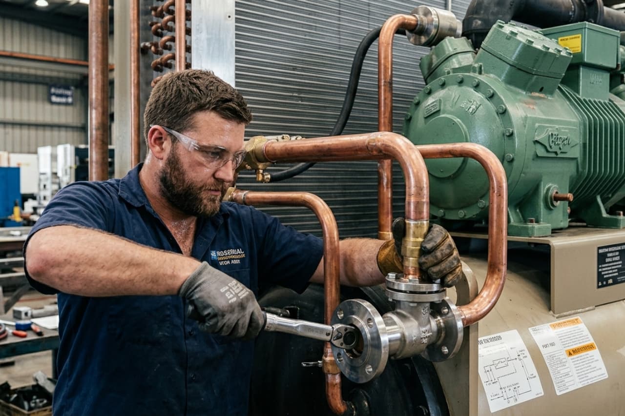 Tecnico ripara impianto industriale con tubazioni in rame