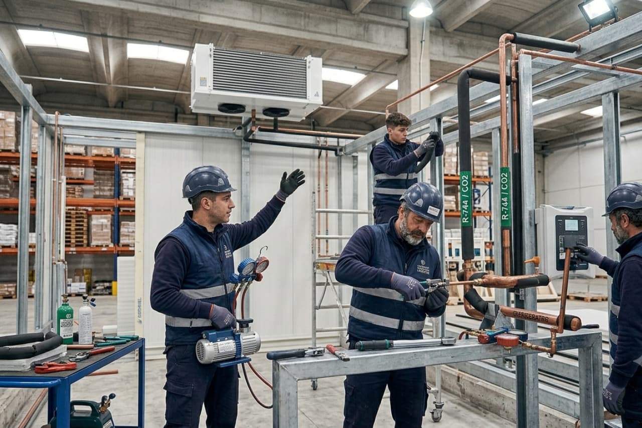 Tecnici installano impianto di refrigerazione industriale