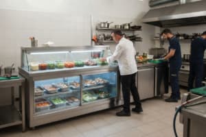 Chef prepara piatti in cucina professionale moderna