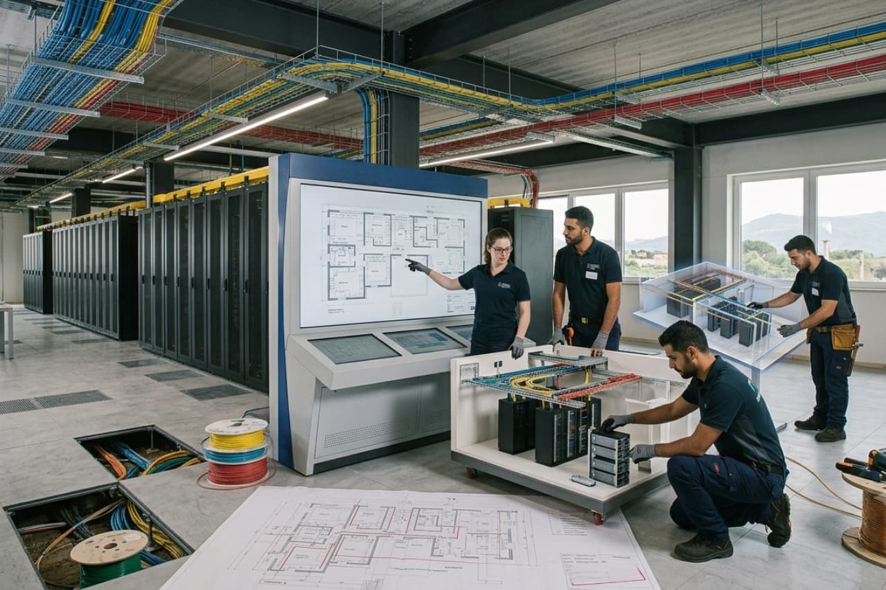 Tecnici in data center con server e cablaggi