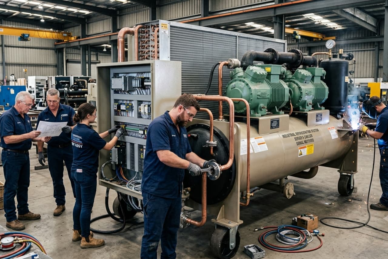 Tecnici assemblano grande impianto industriale di refrigerazione