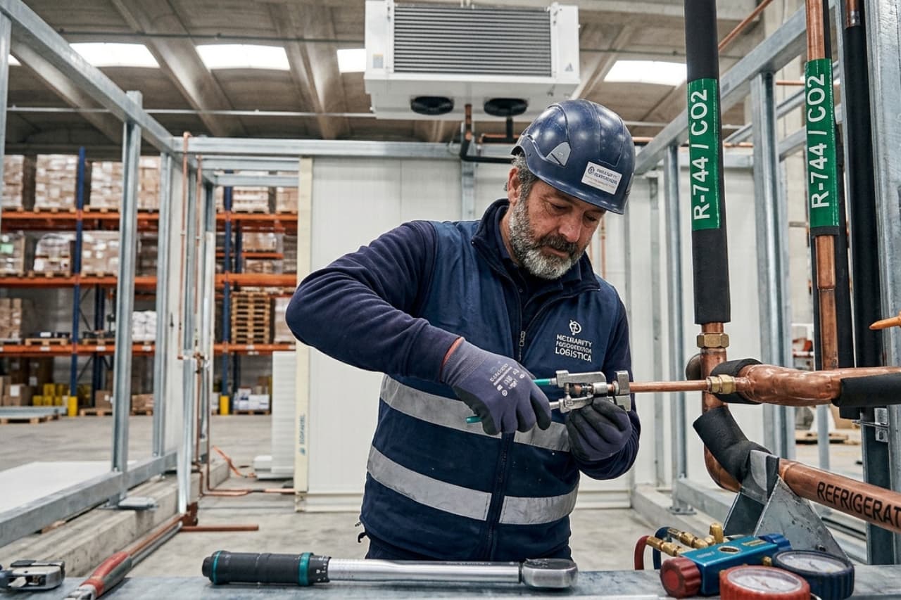 Tecnico lavora su impianto refrigerazione industriale CO2