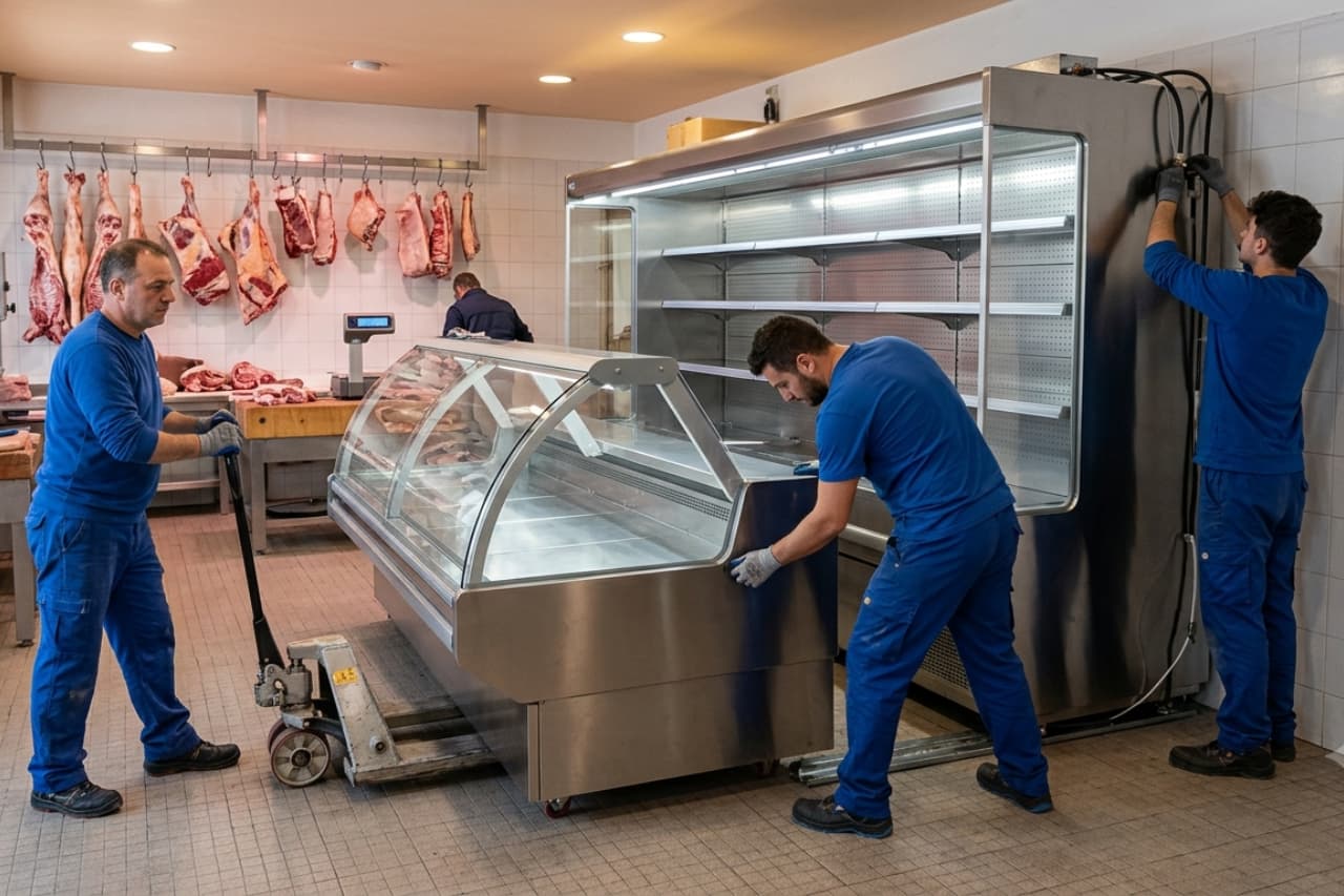 Macellai spostano banco frigo in macelleria