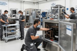 Tecnici assemblano sistemi di refrigerazione medicale in laboratorio