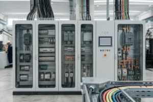 Quadri elettrici industriali con cablaggi e componenti interni