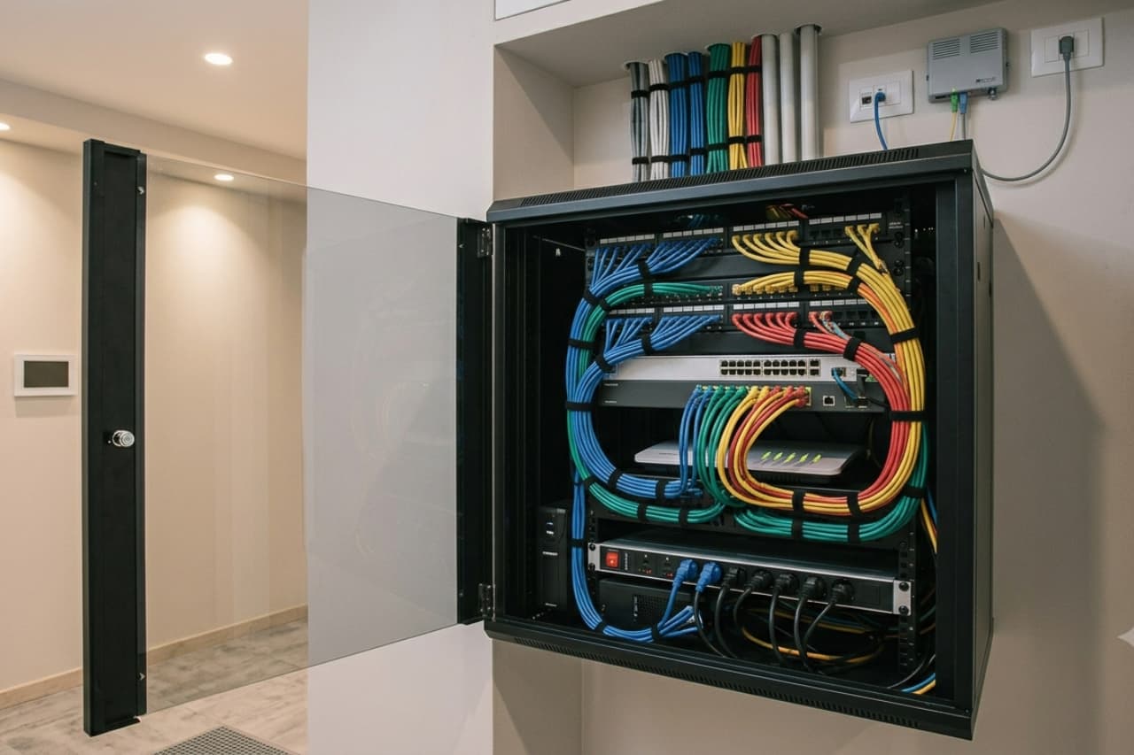 Armadio rack di rete con cavi colorati