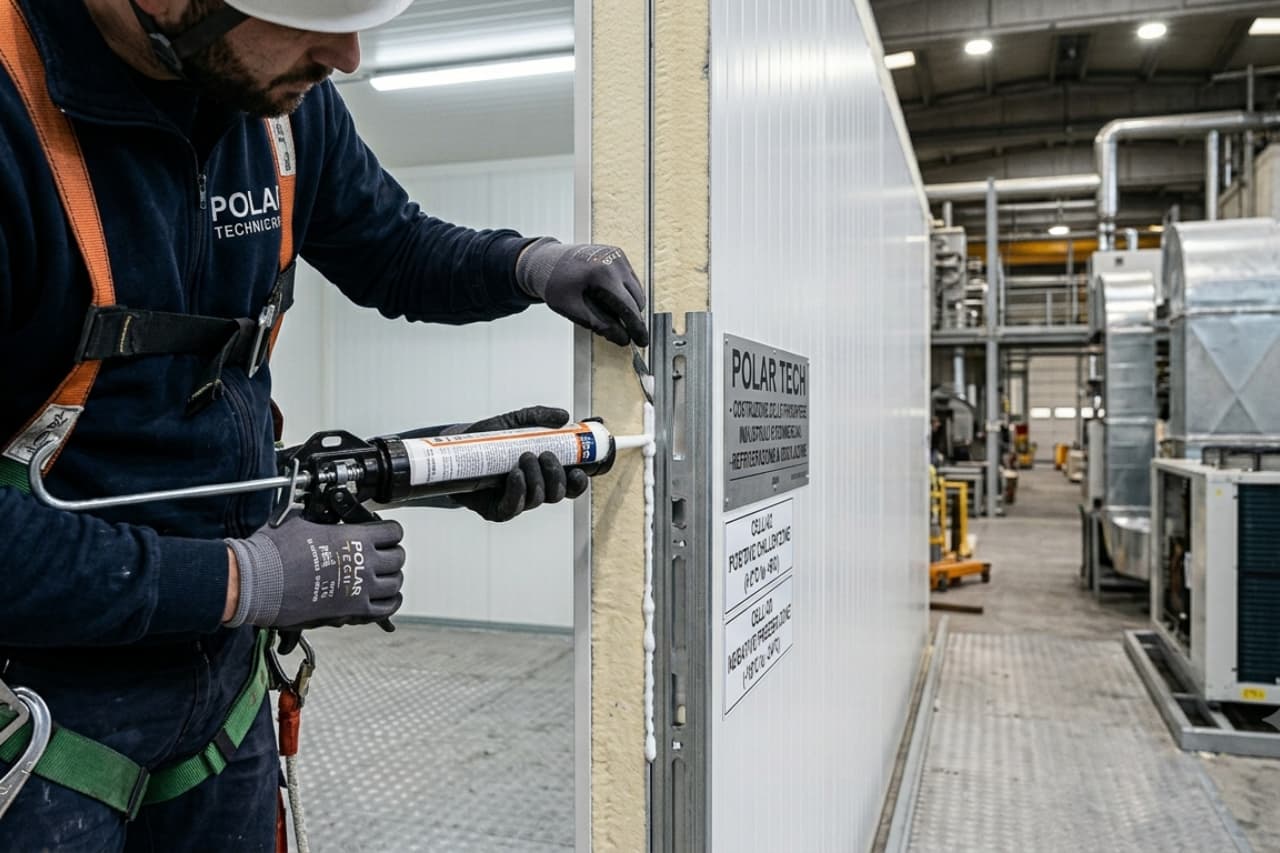Tecnico applica sigillante su pannello industriale