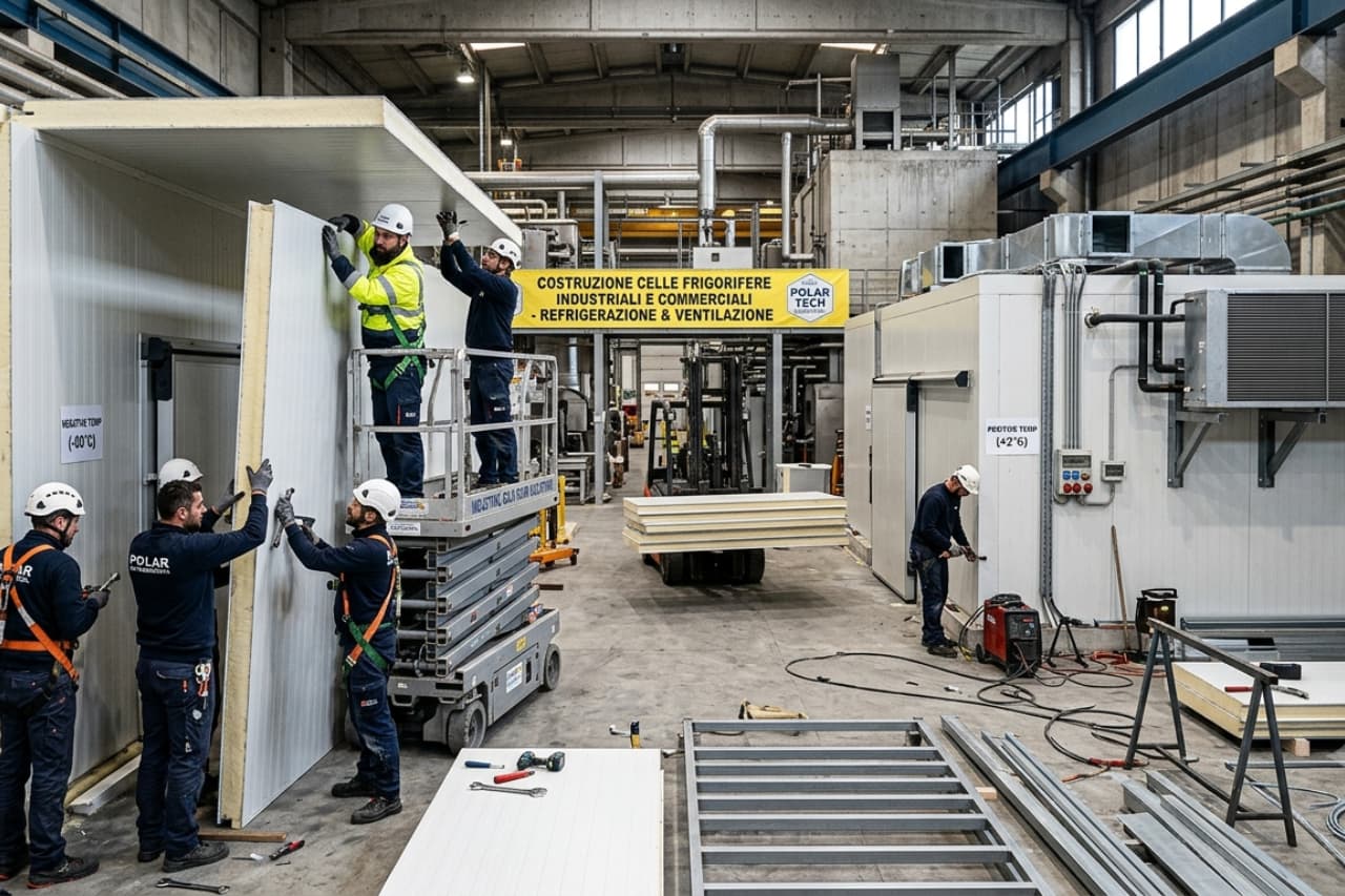 Operai montano celle frigorifere in capannone industriale
