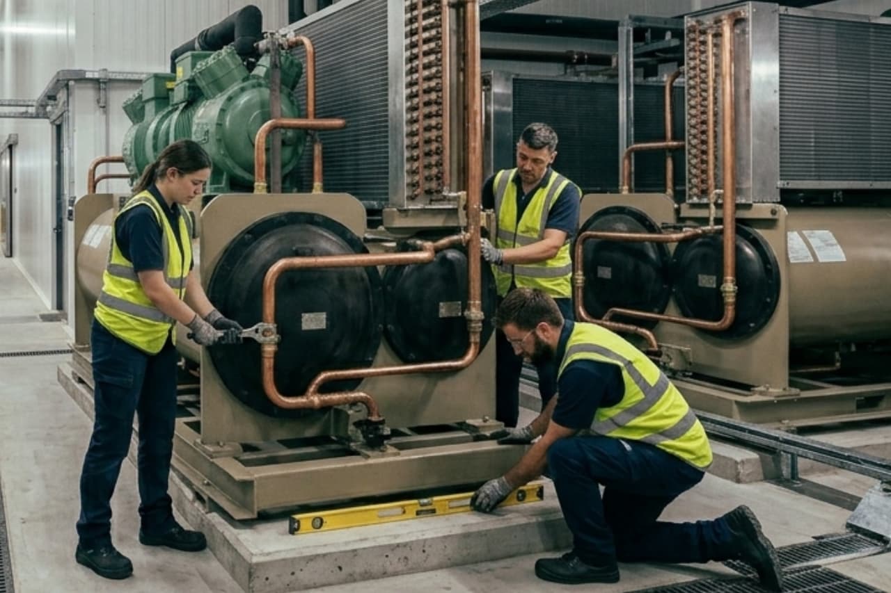 Tecnici installano impianto industriale con tubazioni in rame