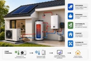 Sistema ibrido con caldaia a condensazione e pompa di calore per riscaldamento e raffrescamento efficienti