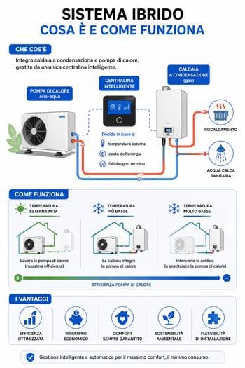 come funziona il sistema ibrido con caldaia a condensazione e pompa di calore