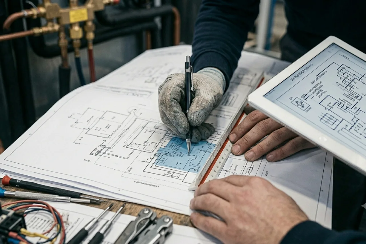 Tecnico analizza schema tecnico su tavolo da lavoro