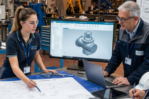 Ingegneri analizzano progetto tecnico su computer in officina