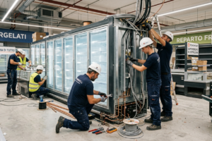 Tecnici installano frigorifero industriale in supermercato